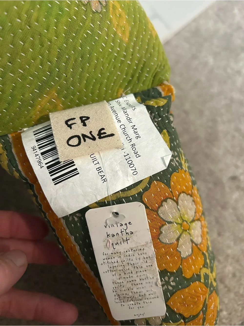 NWT FP One Handmade Kantha Quilted Green Floral Teddy Bear Plush, 24 inches